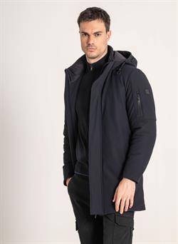 Parka larga en azul marino con capucha para la lluvia