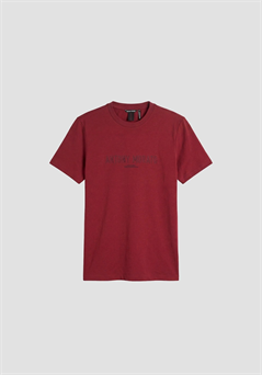 Camiseta color vino regular fit en punto jersey de algodón con logo de plástico mate y estampado flo