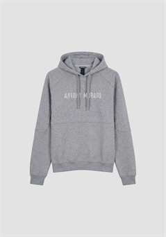 Sudadera con capucha gris jaspeado medio boxy fit en felpa suave con logo plata estampada